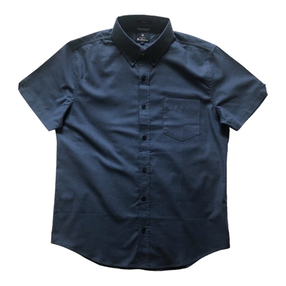 Ben Sherman Short-Sleeve Dark Blue Button Down Collar Dress Shirt Front …